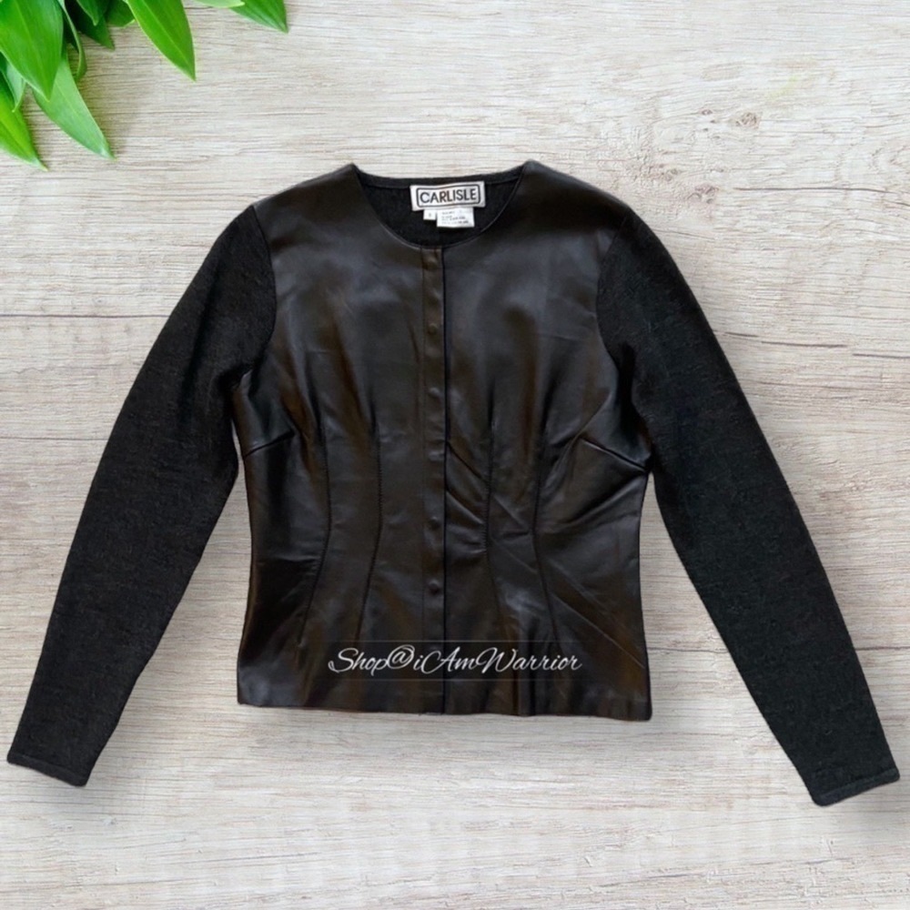 Carlisle genuine leather front wool crewneck snap cardigan *shop@iamwarrior - Picture 3 of 10